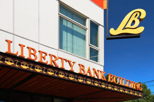 Liberty Bank Building - historic bank sign. photo by Kevin Scott