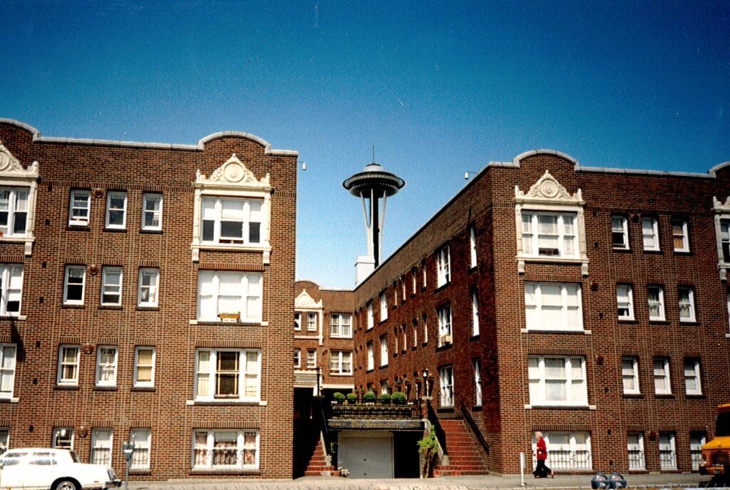 Devonshire apartments in Belltown with Space Needle in background